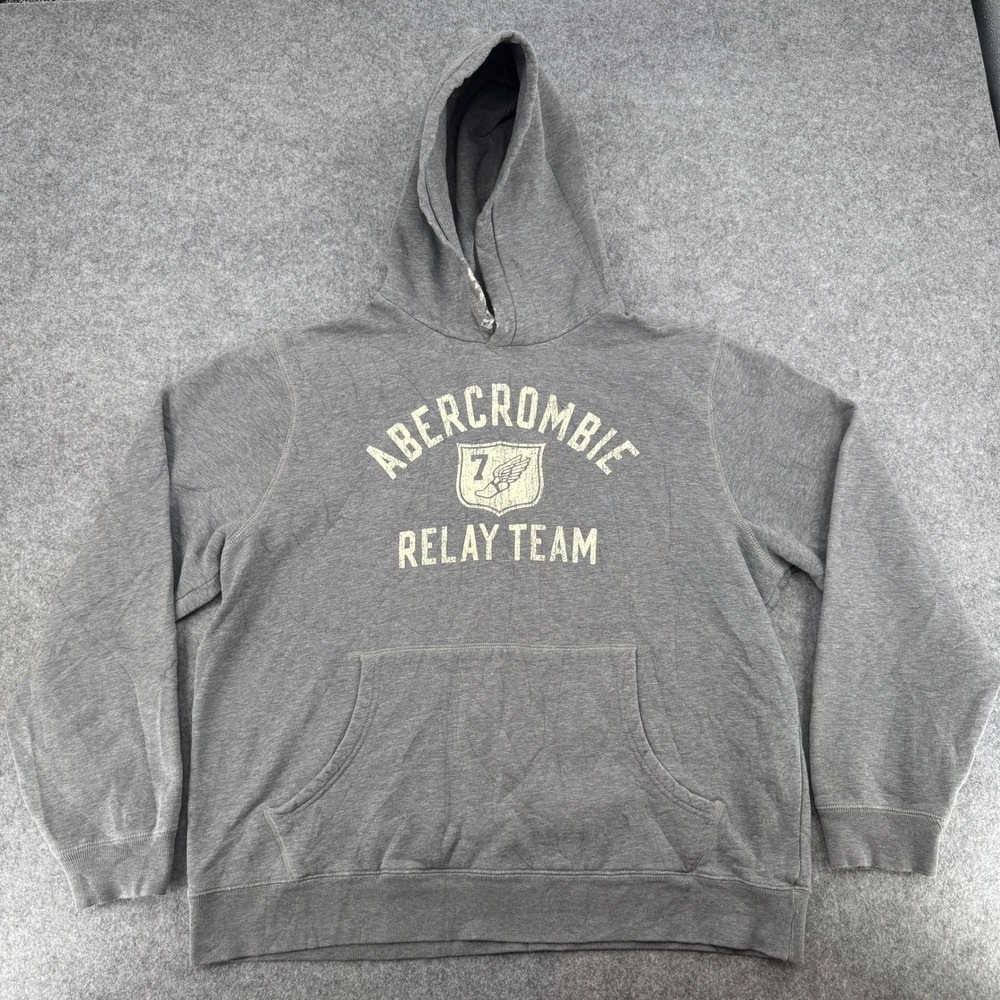 Abercrombie & Fitch Y2K Hoodie Mens Large Relay Team Graphic Grey Distressed EUC